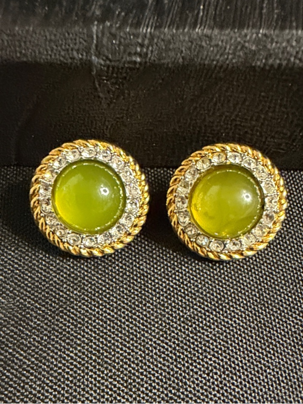 Joan Rivers Earrings - Vintage Signed Green Stone/Rhinestone Clips w/Gold Braid